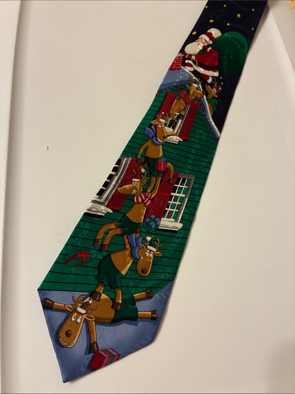 Hallmark Green Christmas Reindeer & Santa Novelty Tie